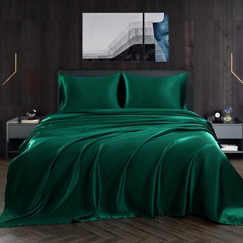 Homiest 4pcs Satin Sheets Set Luxury Silky Satin Bedding Set with Deep Pocket, 1 Fitted Sheet + 1 Flat Sheet + 2 Pillowcases (Cal King Size, Blackish Green) - Image 1